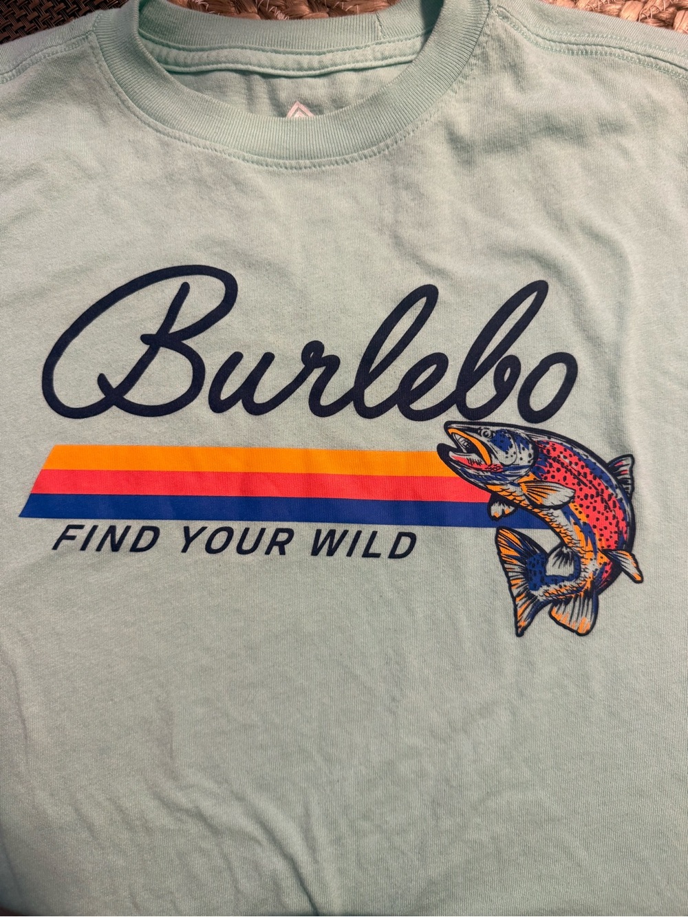 BURLEBO Mint Green Tee with Navy Script and Multicolor Stripe